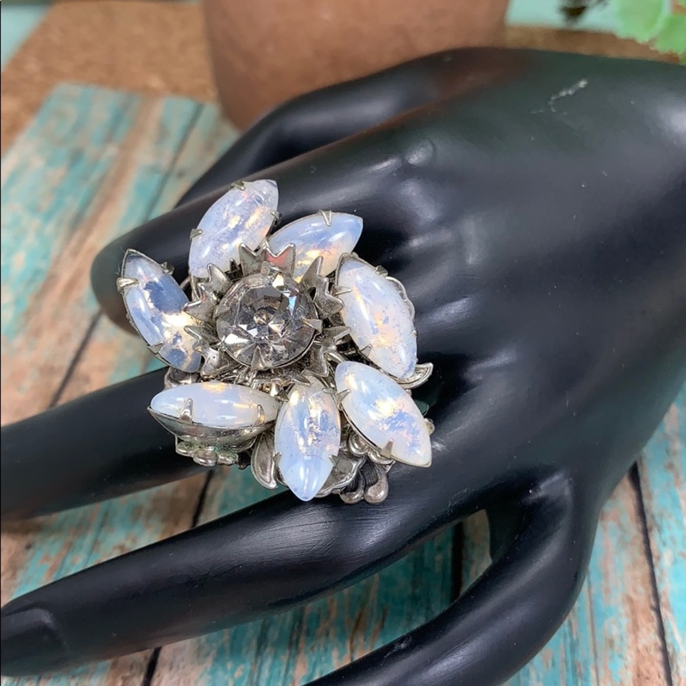 🌟Adorned Crown artisan assemblage moonstone rhinestone cocktail ring